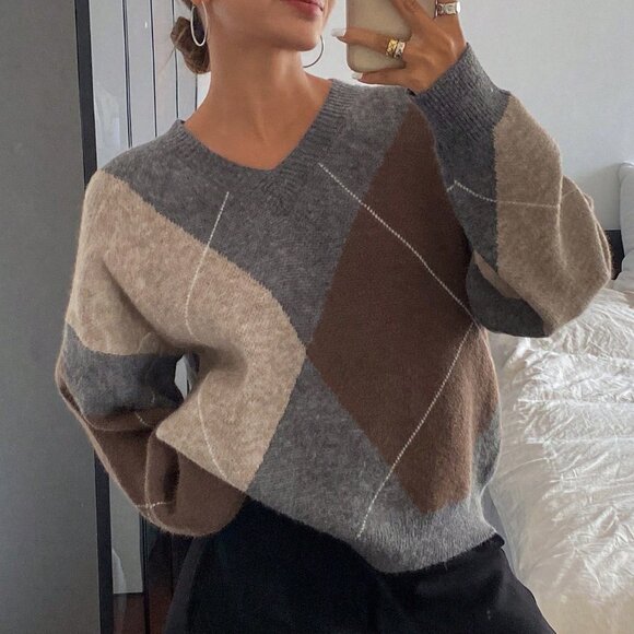 Brown Casual Women's Plaid Loose Long Sleeve Crew Neck Sweater - Picture 4 of 7